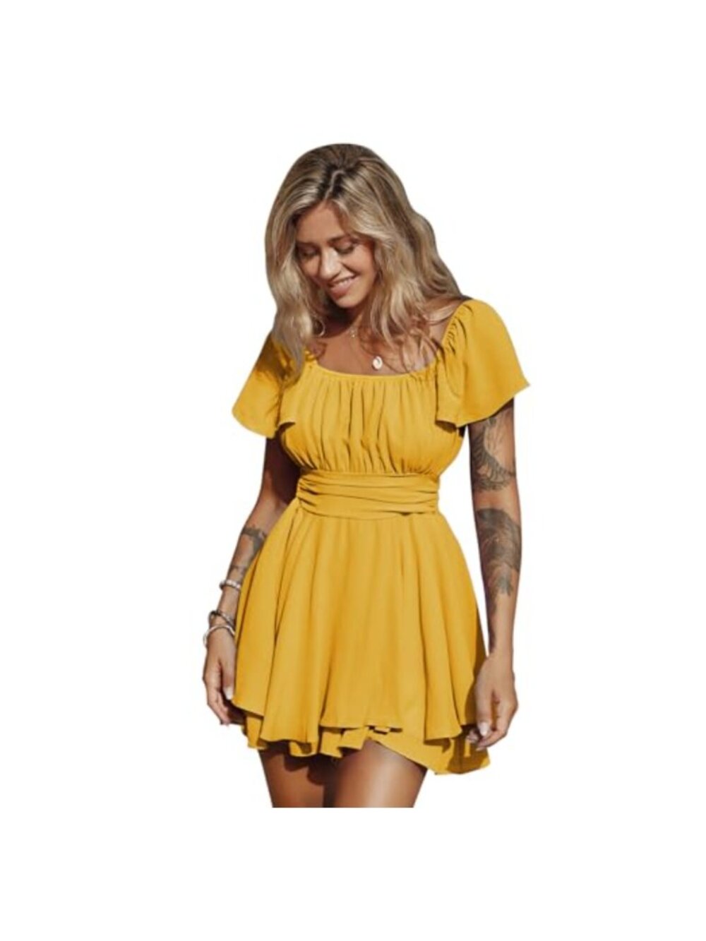 Ruffle Short Sleeve Tie Back Romper Dress Square Neck A Line Short Jumpsuit